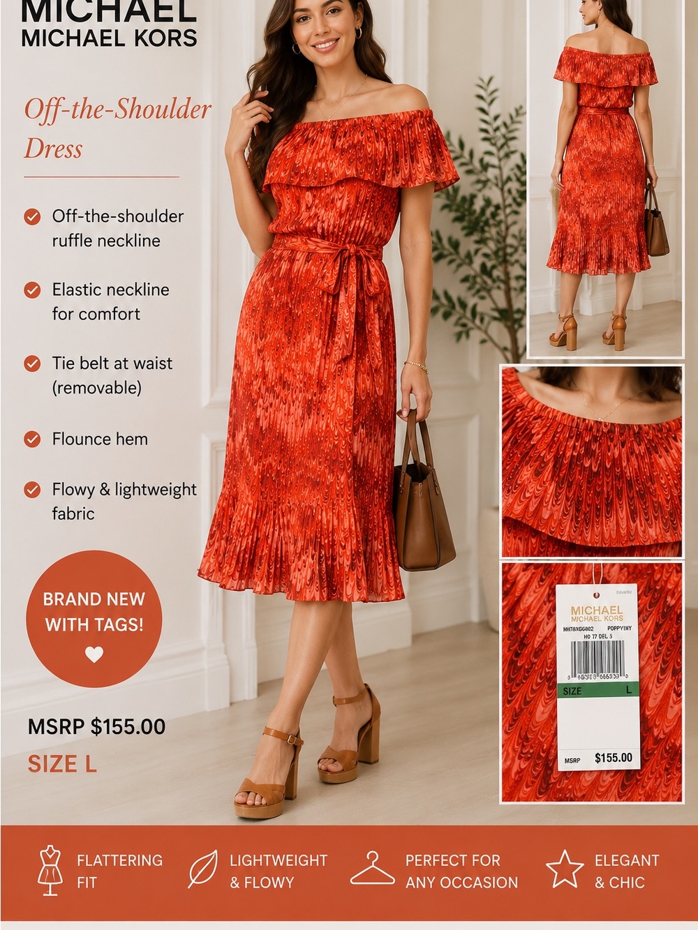 MICHAEL Michael Kors Red Off-The-Shoulder Ruffle Dress